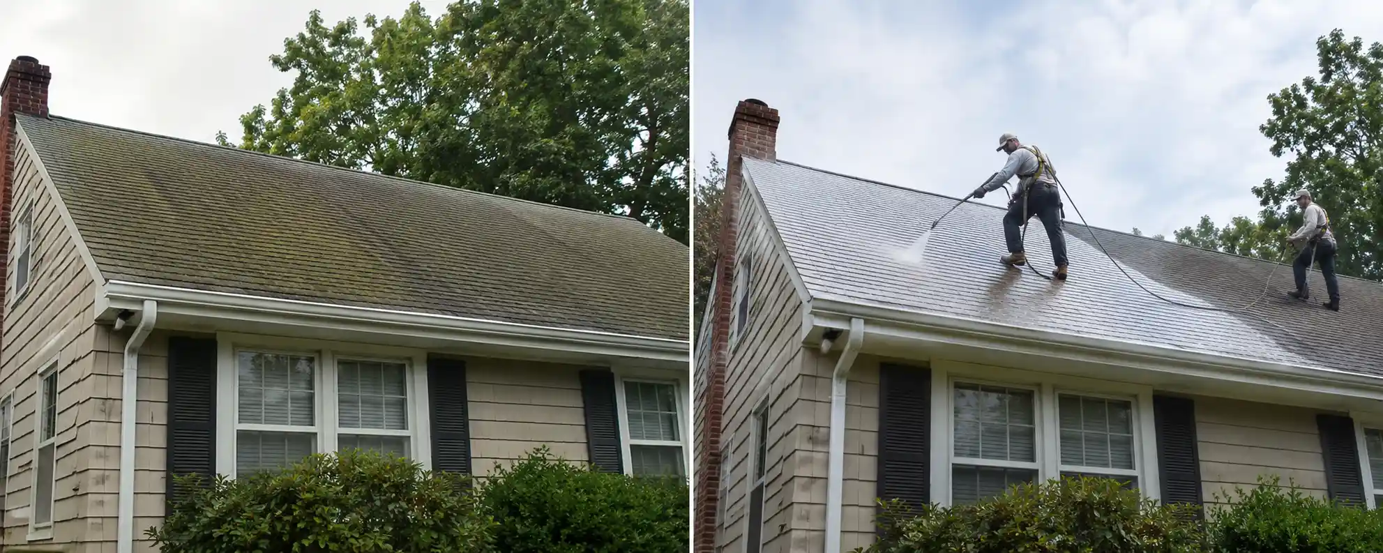 Before and after soft washing heavy green algae off a ranch roof in Long Island, NY