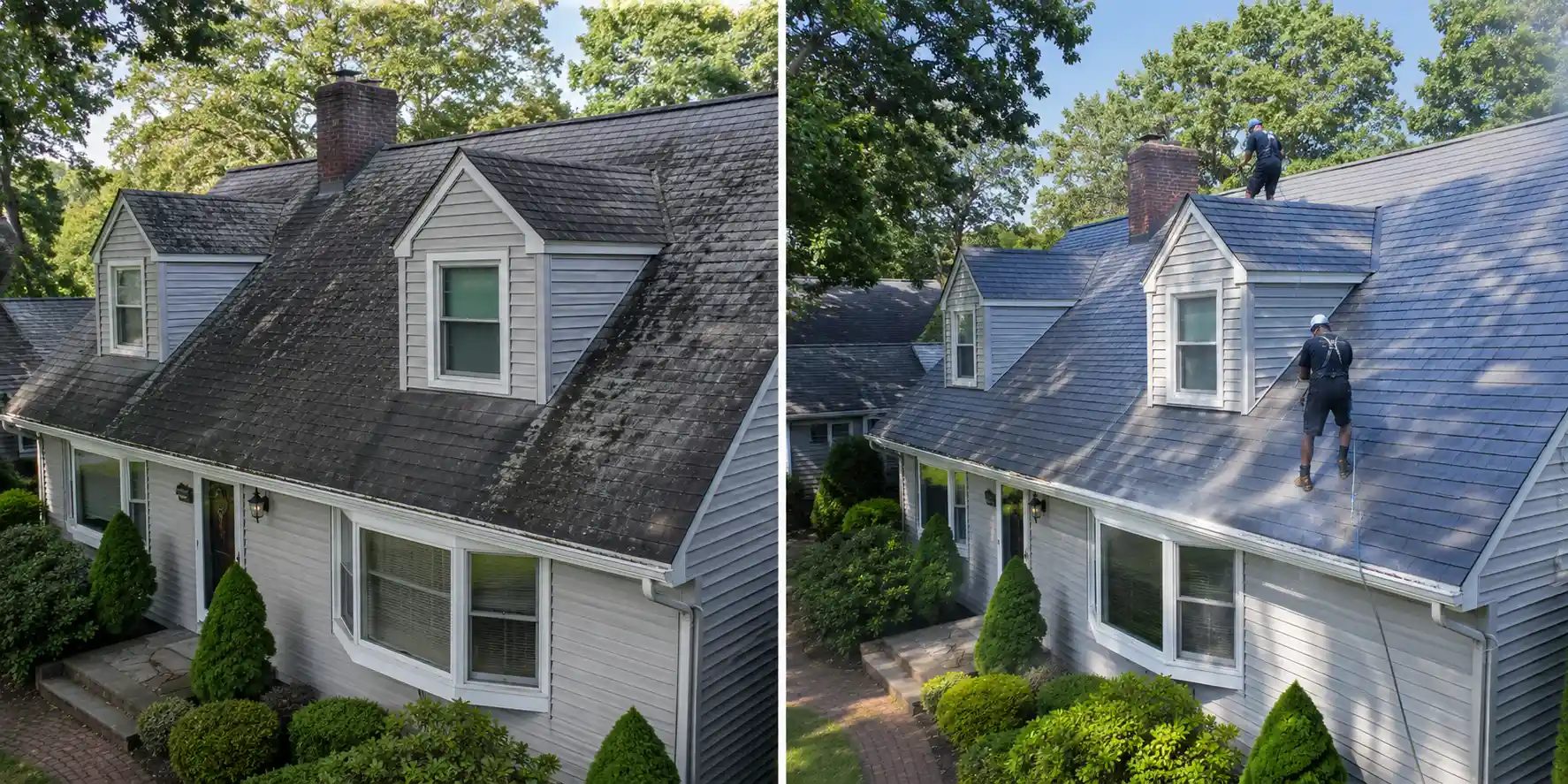 Before and after soft washing black streaks and moss off a Cape Cod roof in Long Island, NY