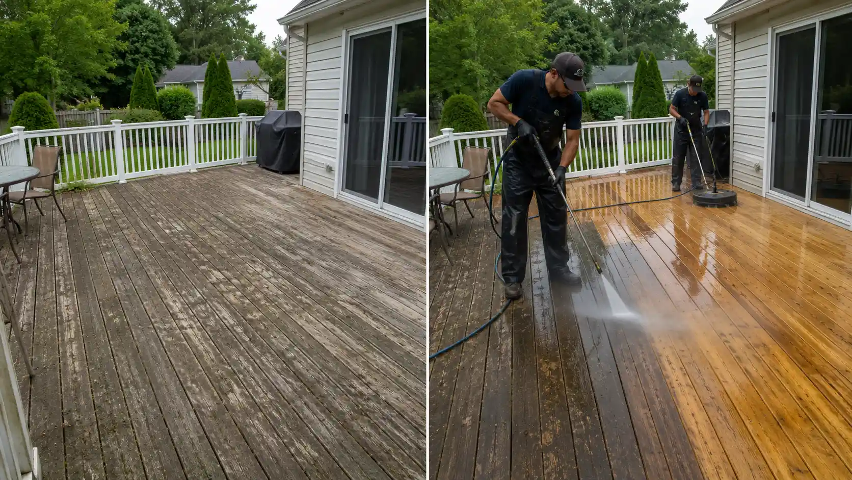 Before and after washing a full wood deck back to warm wood in Long Island, NY