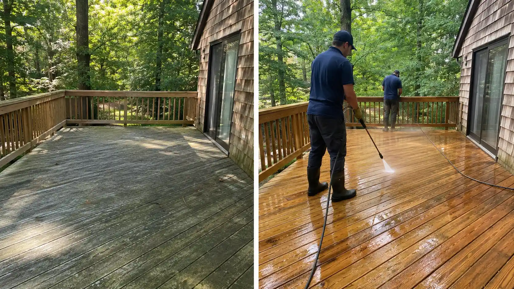 Before and after pressure washing a rear wood deck at a cedar shingled Long Island home