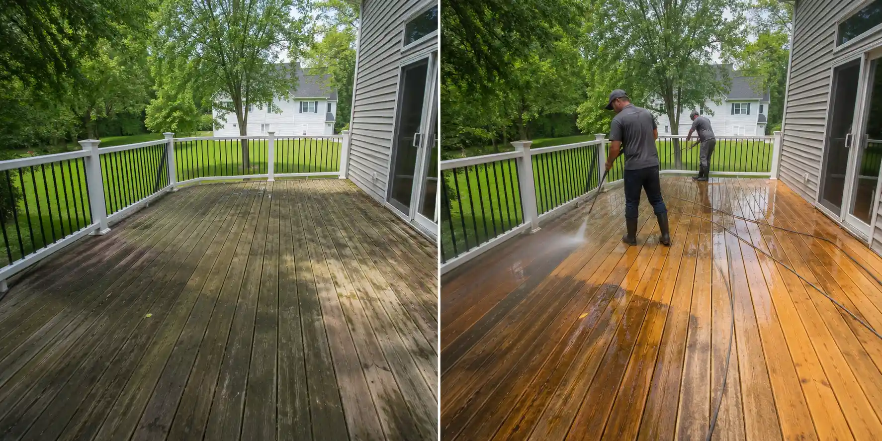 Before and after pressure washing a grey wood deck with metal balusters in Long Island, NY