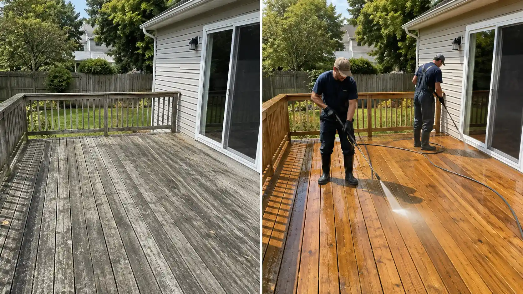 Before and after brightening a wood deck and railing in Long Island, NY