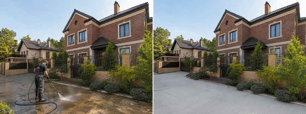Before and after pressure washing the concrete driveway and entry apron at a brick house