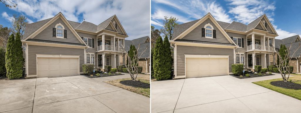 Before and after removing dark oil stains from a concrete driveway at a colonial home