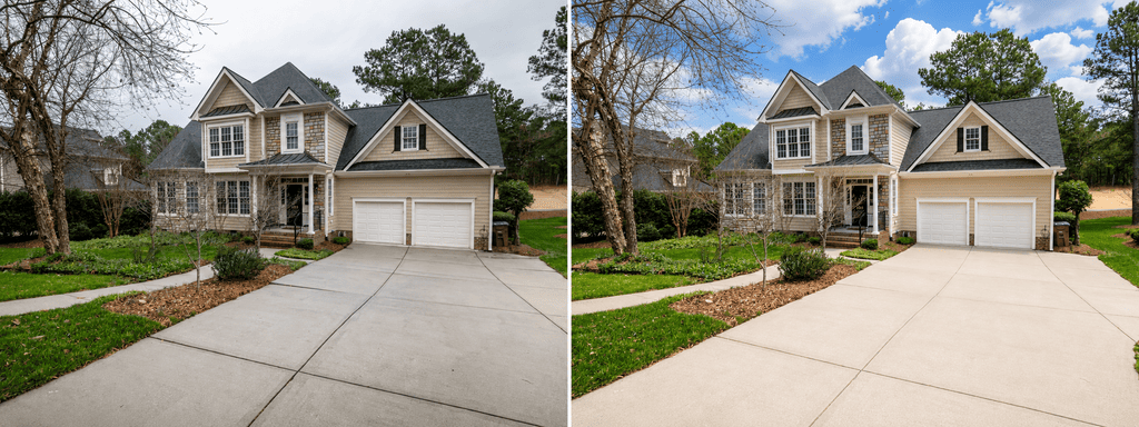 Before and after pressure washing a concrete driveway and front walkway at a two story suburban home