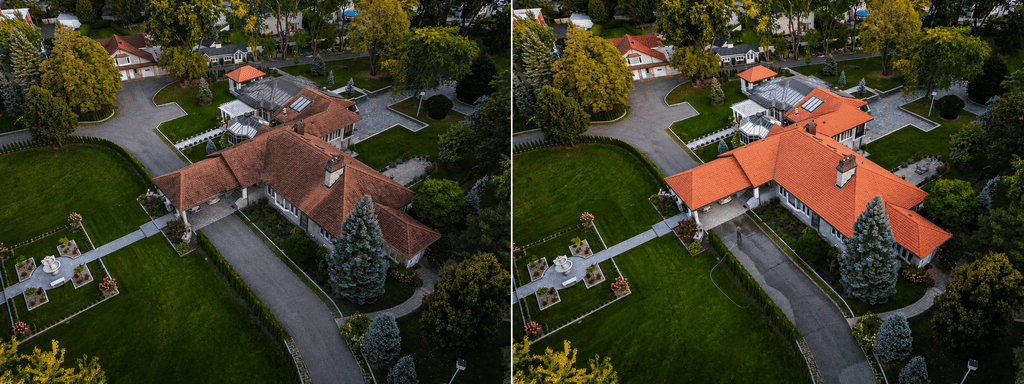 Aerial before and after of a tile roof soft wash and driveway pressure washing on the same property