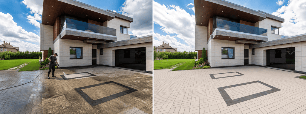 Before and after pressure washing a brick paver driveway with a dark border band