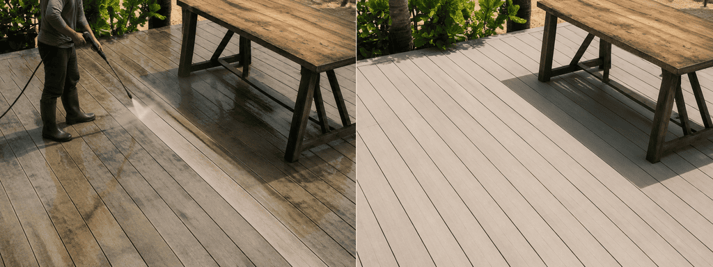 Before and after pressure washing algae stained wood deck boards with the grain