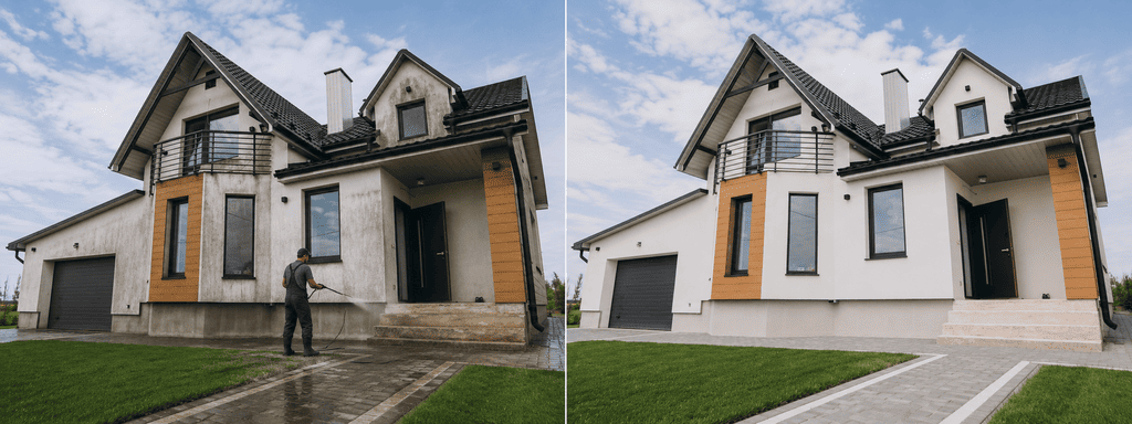 Before and after soft washing the stucco and siding on a two story house
