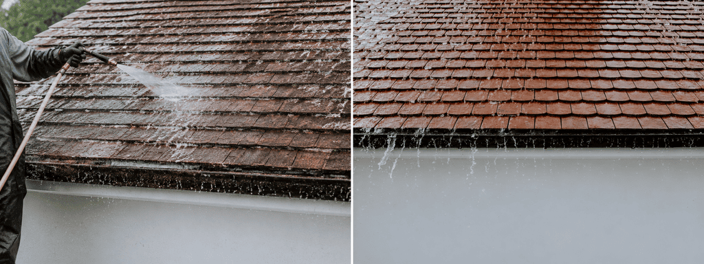 Before and after soft washing algae and moss off a tile roof above a white gutter