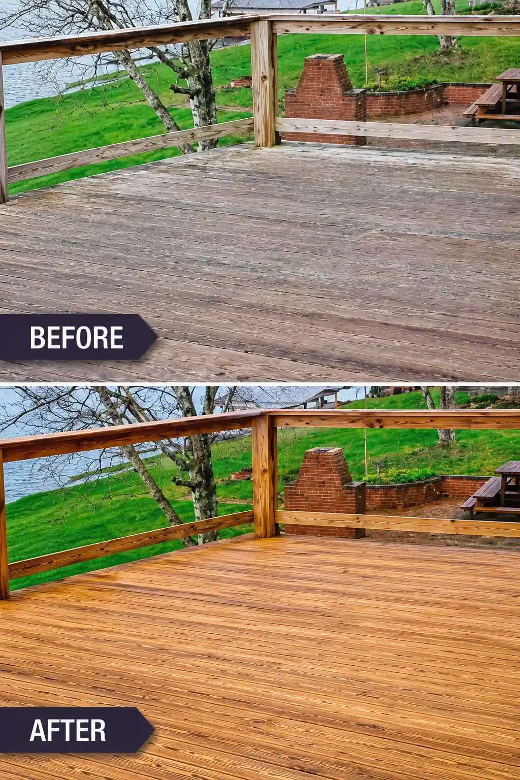 Before and after wood deck pressure washing in Long Island, NY