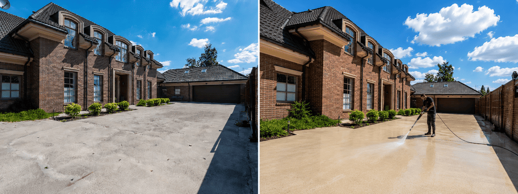 Before and after pressure washing a concrete driveway and garage apron at a brick home