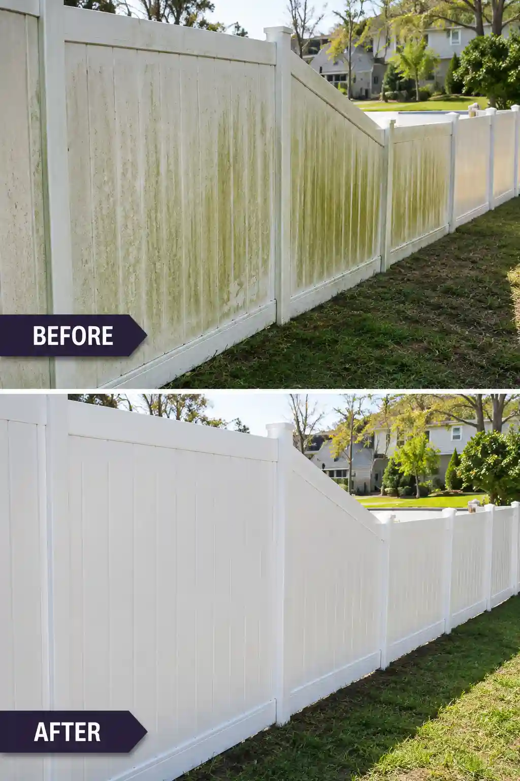Before and after PVC fence pressure washing in Long Island, NY
