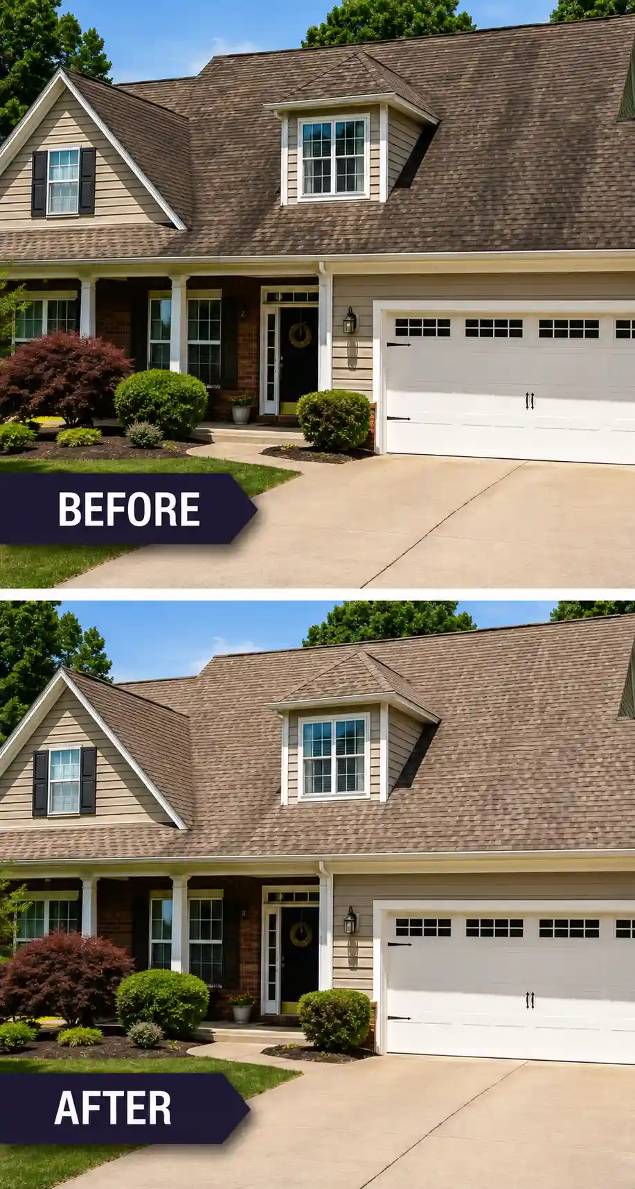 Before and after exterior home and roof washing in Long Island, NY
