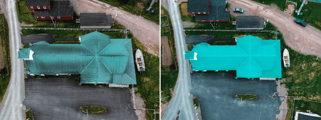 Aerial before and after of a full roof soft wash