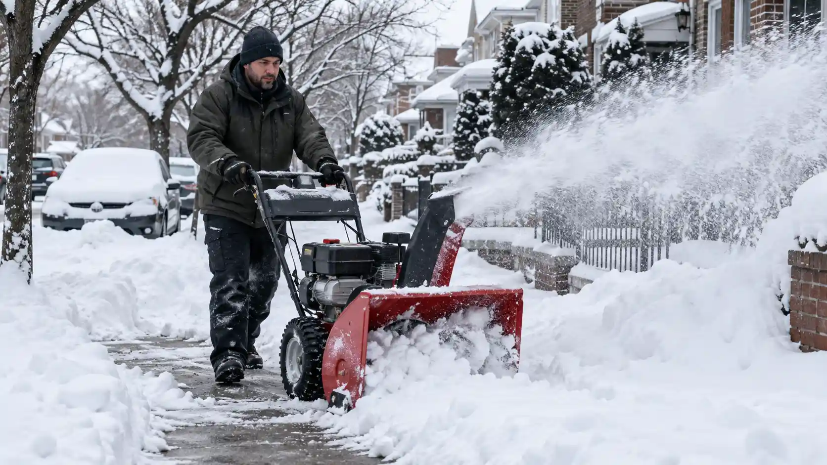 Snow blower clearing a snow-covered sidewalk in front of a row of homes