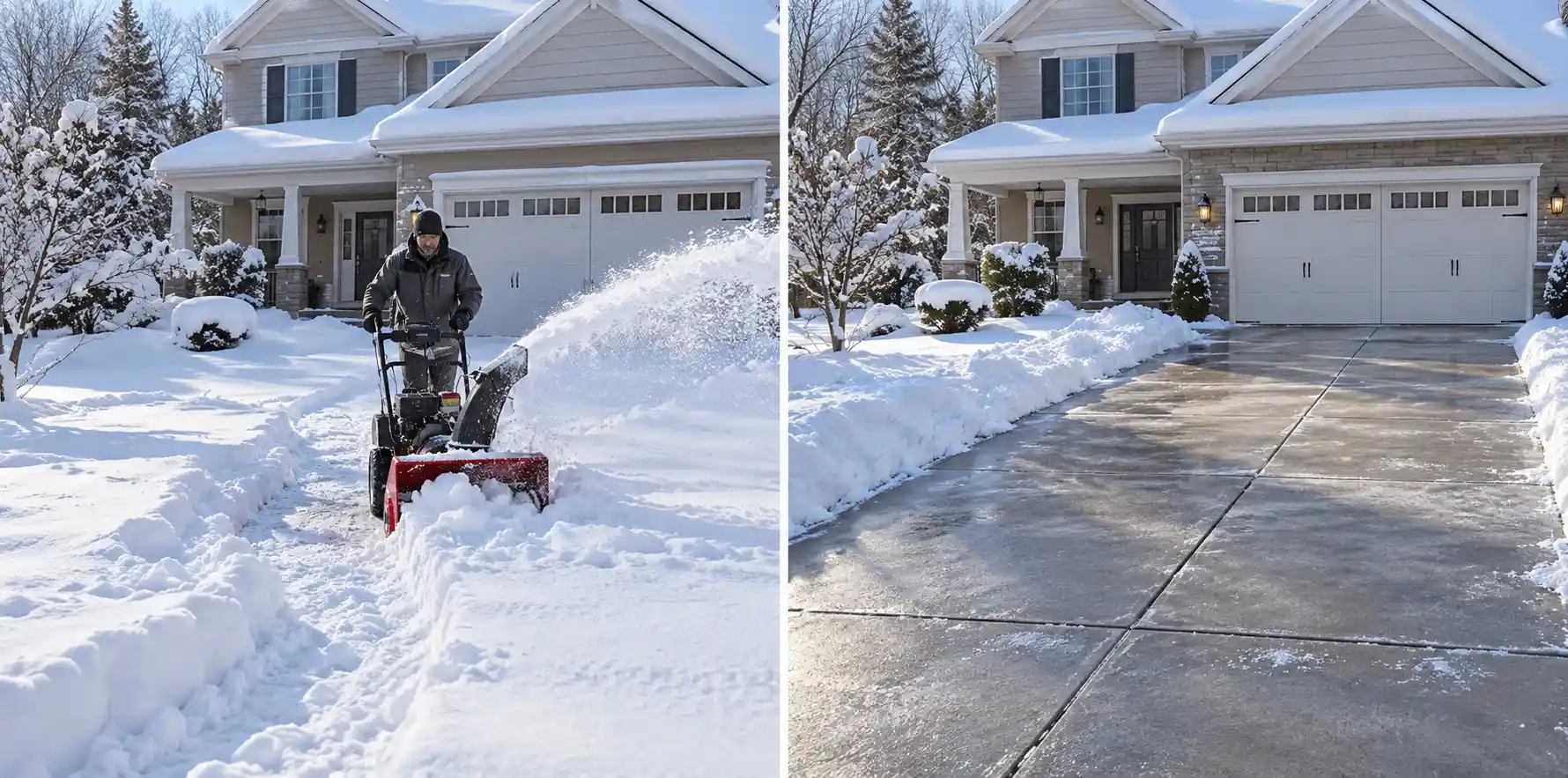 Before and after a full snow blower cleanup of a two-car driveway