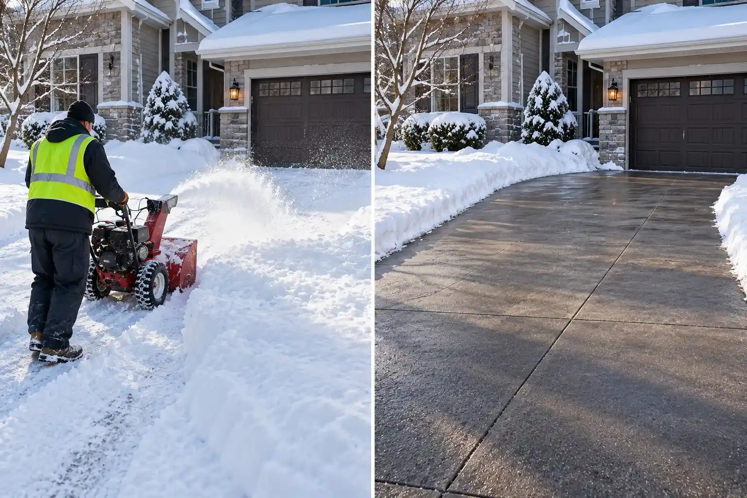 Before and after clearing a snow-covered driveway with a snow blower, down to the pavement