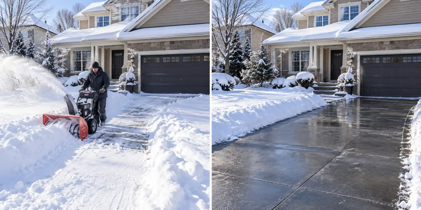 Before and after clearing deep snow from a driveway in front of a two-car garage