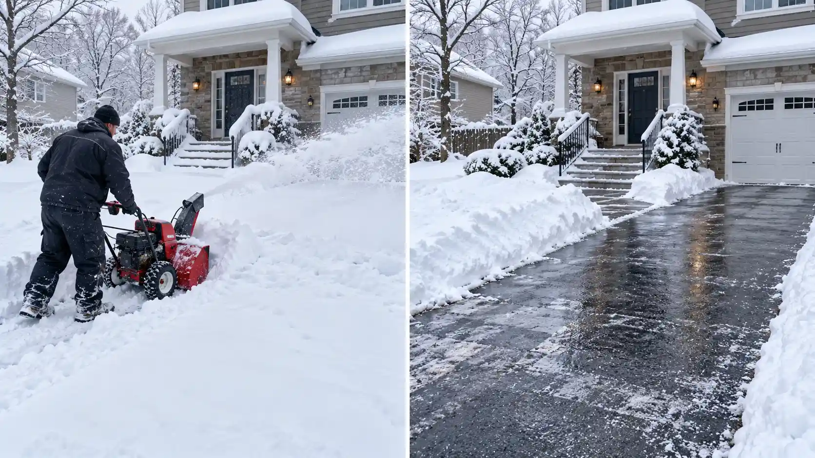 Before and after snow removal on a driveway and front walk of a home with a white garage door