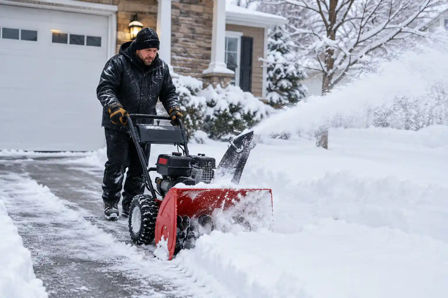 Crew member clearing a snow-covered driveway with a snow blower next to a garage