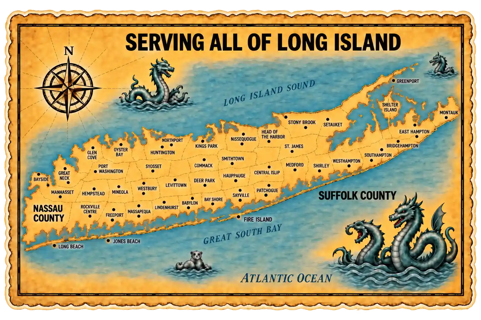 Service area map of Long Island, NY - Nassau and Suffolk County, including Jones Beach and Fire Island